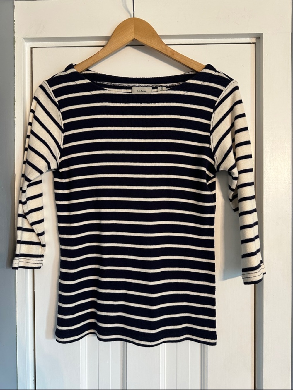 L.L. Bean Navy & White Striped Boatneck Knit Top - 3/4 Sleeve - Size XS